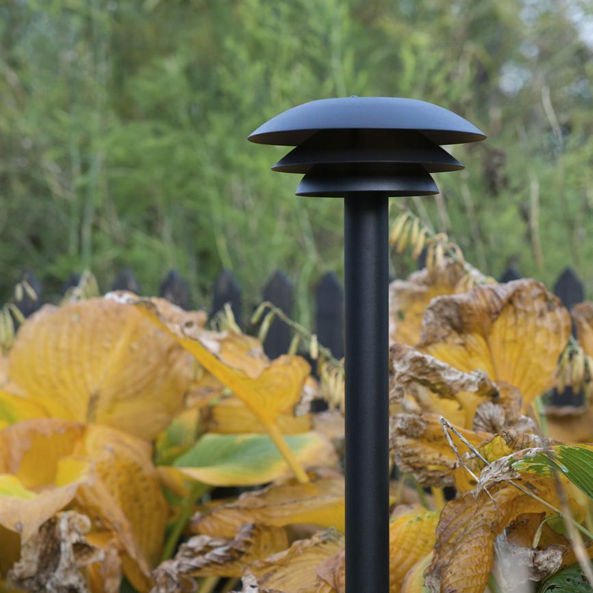 Sort, moderne havelampe står i forgrunden, dens flade skærm i lag peger nedad; omgivet af store, gulnende hostablade foran et sort, spidset træhegn og sløret grønt busket landskab.