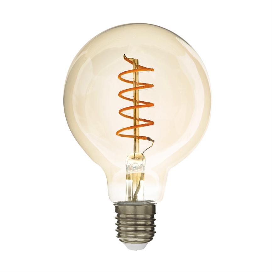 Glødelampe med klart glas, der indeholder et orange spiralformet filament; lampen ses frontalt og centreret mod en ensartet hvid baggrund.