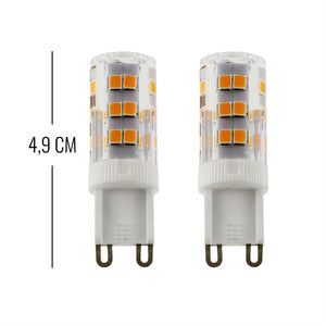 To G9 LED-pærer står side om side foran hvid baggrund, hver med synlige LED-chips og dobbelte stifter nederst. Tekst i billedet: "4,9 CM".