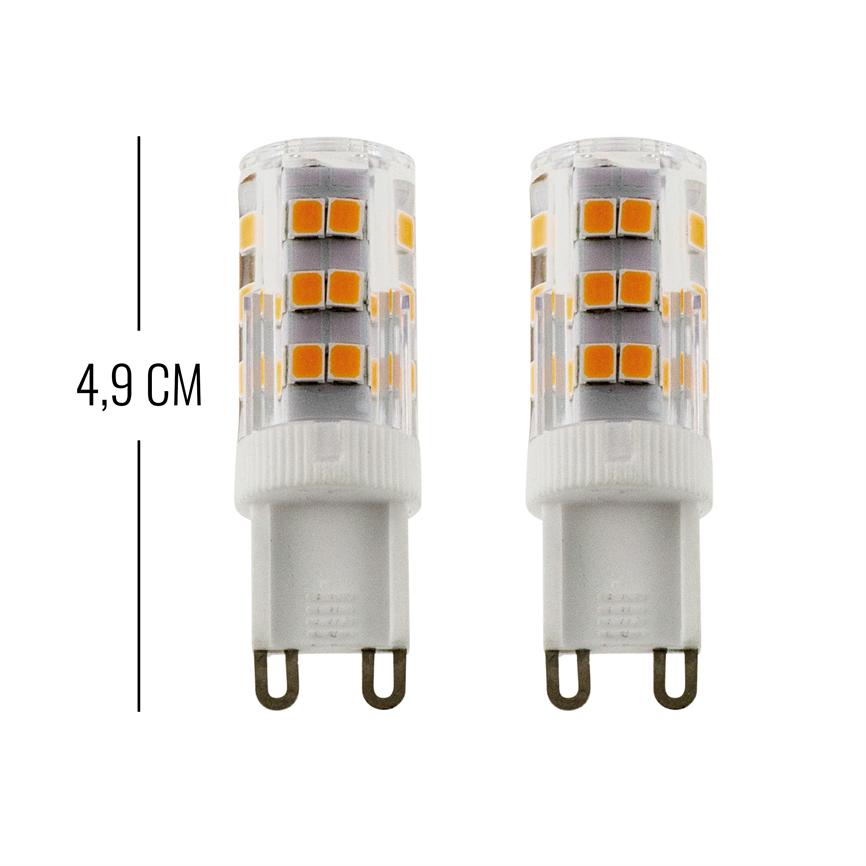 To G9 LED-pærer står side om side foran hvid baggrund, hver med synlige LED-chips og dobbelte stifter nederst. Tekst i billedet: "4,9 CM".