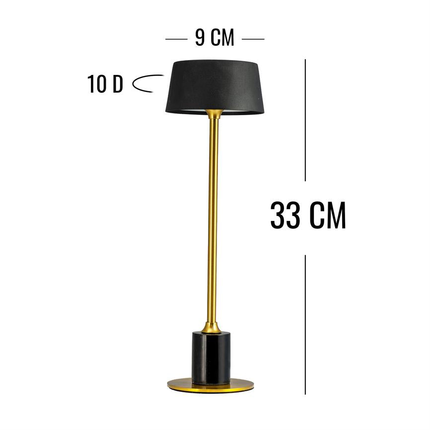 Bordlampe står lodret med sort skærm og slank gylden stang over rund sort-gylden base på hvid baggrund; målangivelser viser dimensioner.
 
 Tekst i billedet: — 9 CM —; 10 D; 33 CM