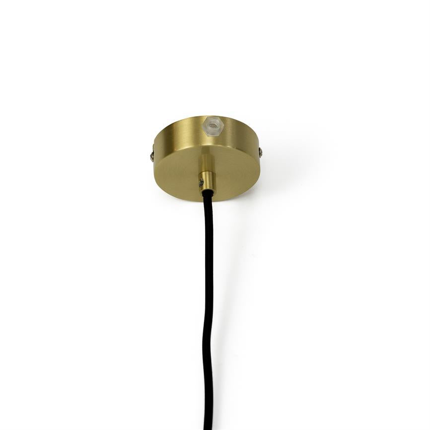 Rund messingloftdåse med gennemsigtig plastskrue fører en sort tekstilledning, som hænger lodret mod en hvid baggrund.