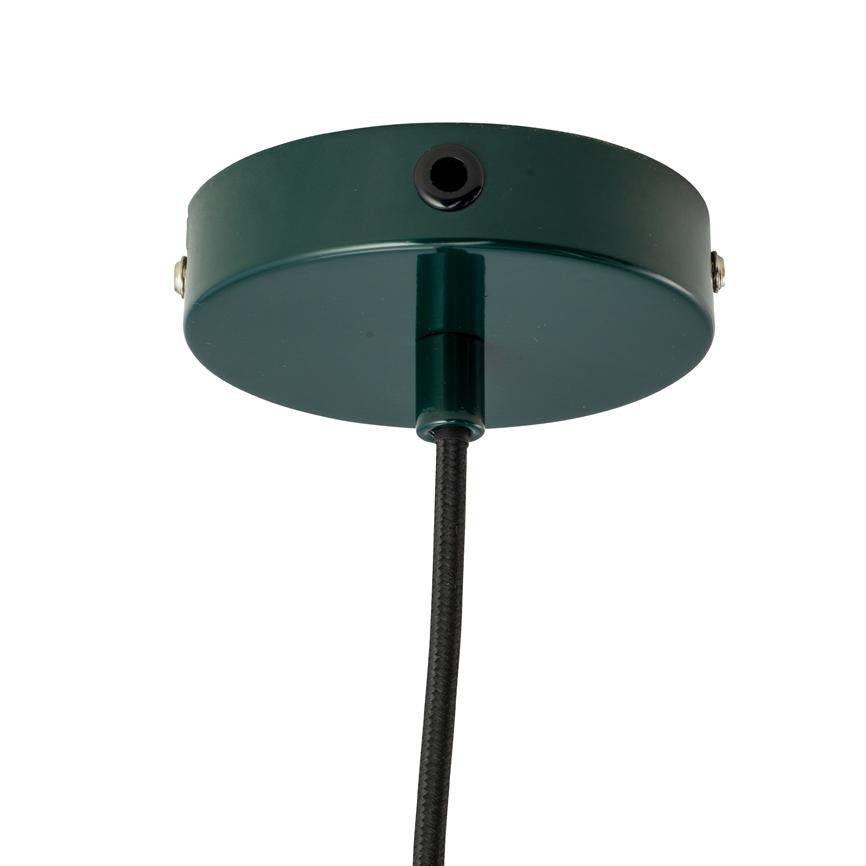 Loftroset: rund, mørkegrøn metalbase monteret i loftet, fører et sort tekstilbeklædt kabel nedad mod en neutral hvid baggrund.