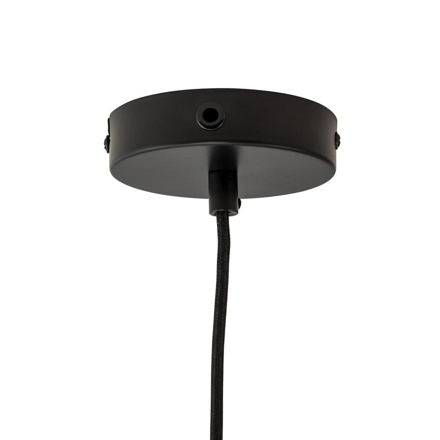 Sort rund loftroset monteret i loftet, med et stofbetrukket sort kabel hængende ned; produktfoto på hvid baggrund.