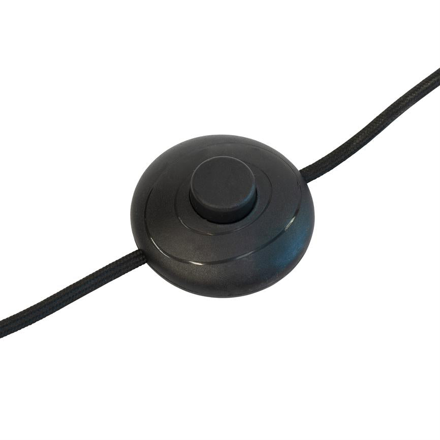 En rund sort trykknap (inline afbryder) med central knap sidder på et sort tekstilomviklet kabel mod en hvid baggrund.