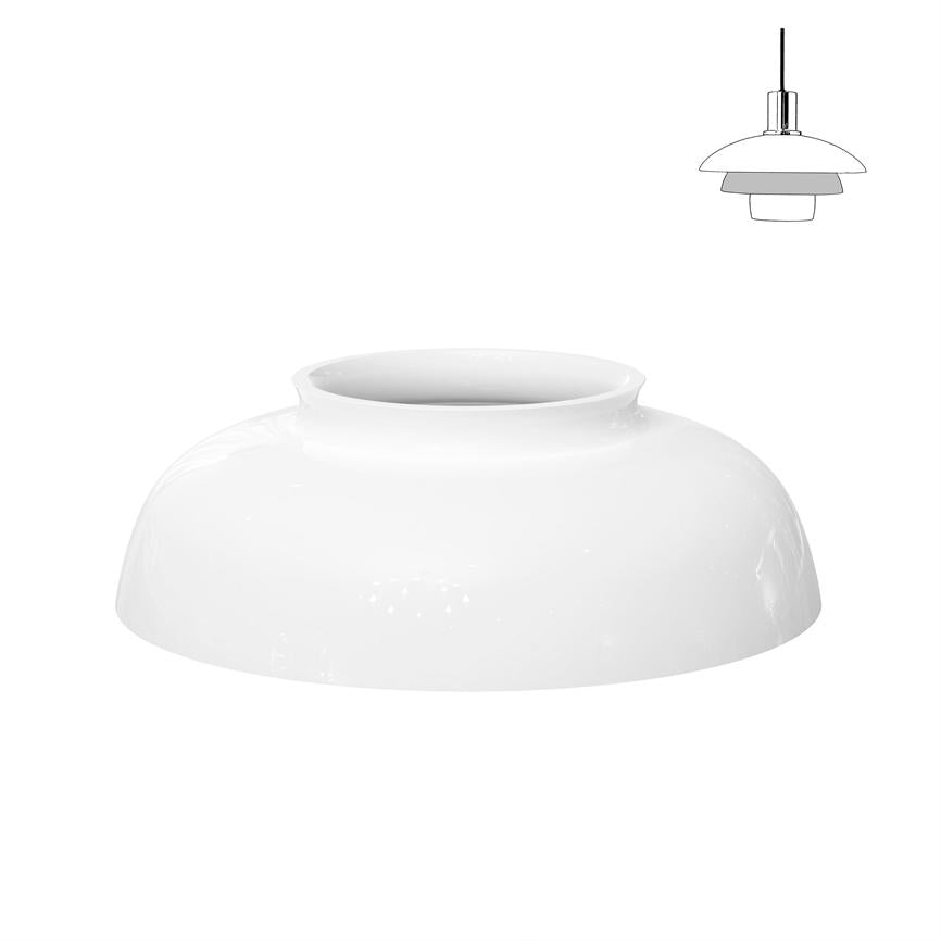 Hvid, rund glas lampeskærm ligger med åbning opad på hvid baggrund; blank overflade med reflekser. Øverst til højre ses en lille sort-hvid teknisk stregtegning af en hængelampe.