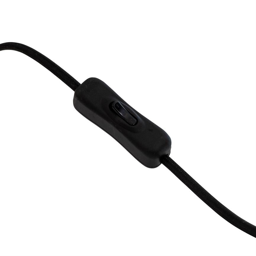 En sort inline afbryder sidder midt på et stofbeklædt, sort elektrisk kabel; lille vippeknap til tænd/sluk, isoleret plastikhus, placeret mod en neutral hvid baggrund.