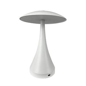 Hvid bordlampe står oprejst med rund skærm og slank, kegleformet fod, parat til at lyse; afbildet alene mod en ensartet hvid baggrund.