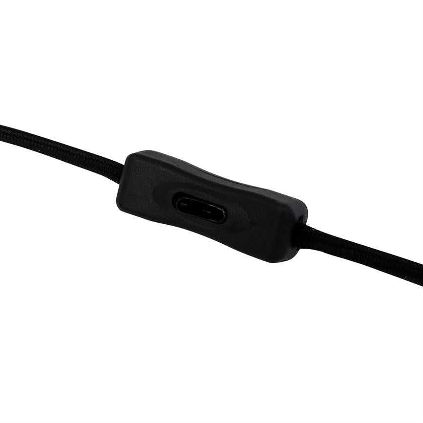 Sort inline-afbryder monteret på en flettet ledning med en lille indbygget trykknap; ligger centralt på kablet mod en ensartet hvid baggrund.