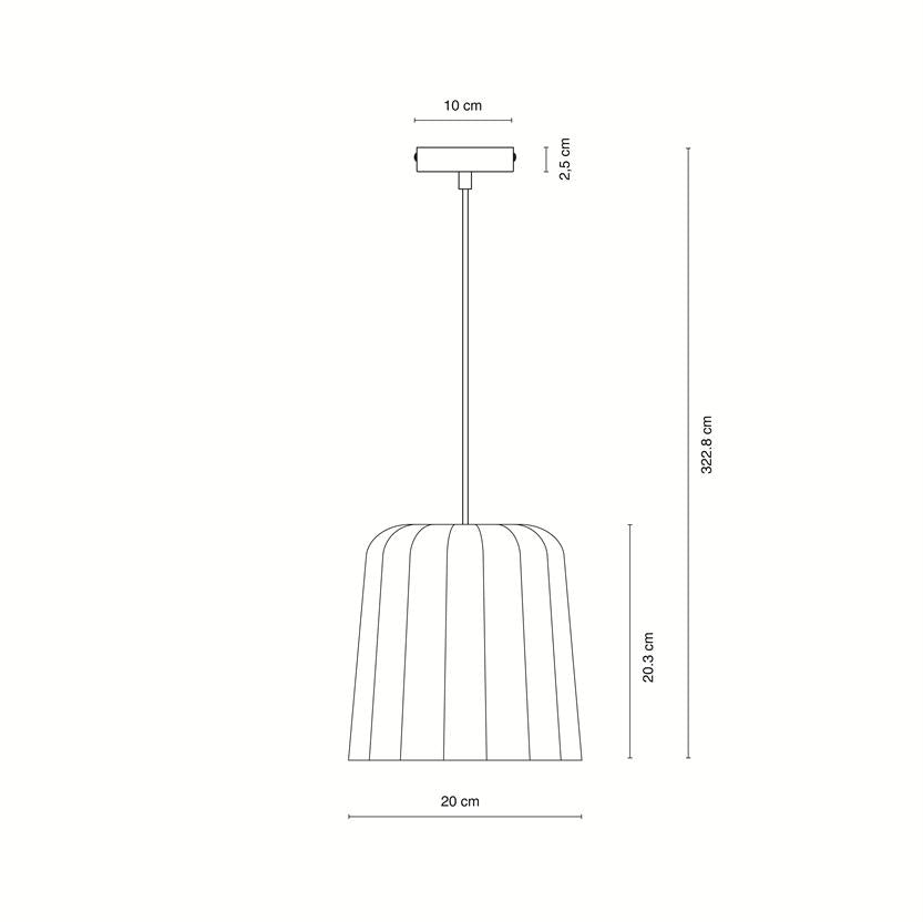 En pendel-lampe: ribbet cylindrisk skærm hænger i en tynd ledning over en tom baggrund; teknisk måltegning. Tekst i billedet: 10 cm; 2.5 cm; 20 cm; 20.3 cm; 322.8 cm.
