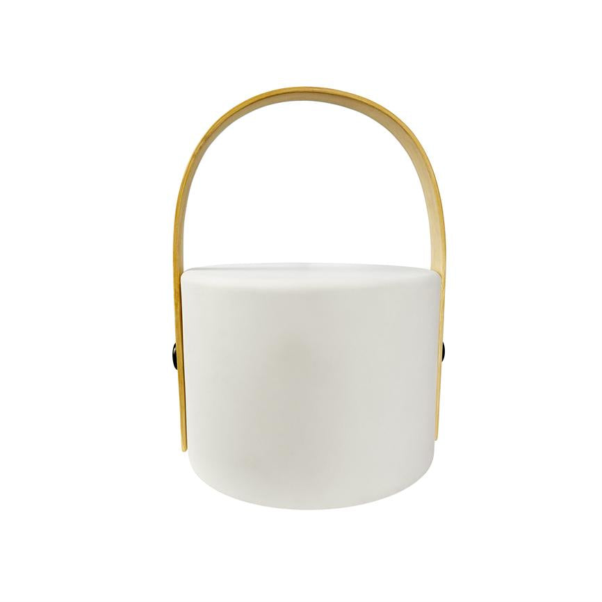 Hvid cylindrisk bordlampe med glat overflade, med en buet gylden bøjle over toppen, placeret på ensfarvet hvid baggrund.