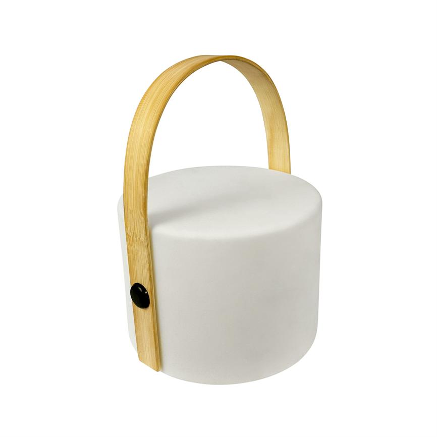 Cylindrisk hvid genstand har et buet træhåndtag, fæstnet i siderne med sorte knapper; placeret alene mod en neutral, ensfarvet hvid baggrund.