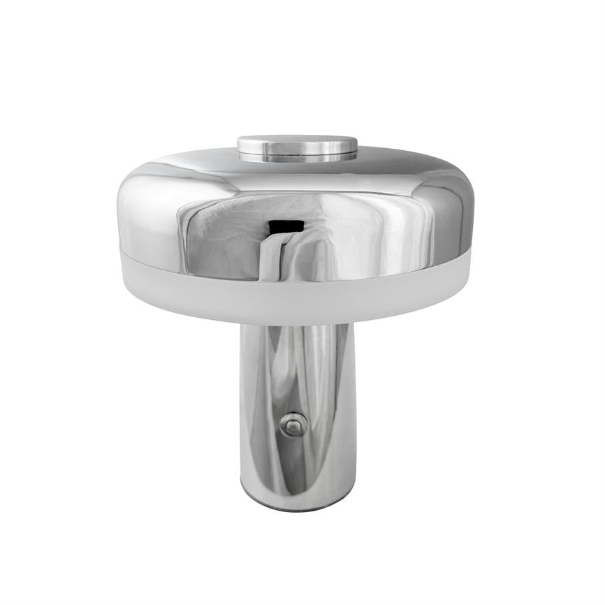 Kromfarvet, rund enhed (hat-formet top) står på en cylindrisk sølvfod; en hvid ring adskiller top og fod. Genstanden står isoleret mod en neutral hvid baggrund.