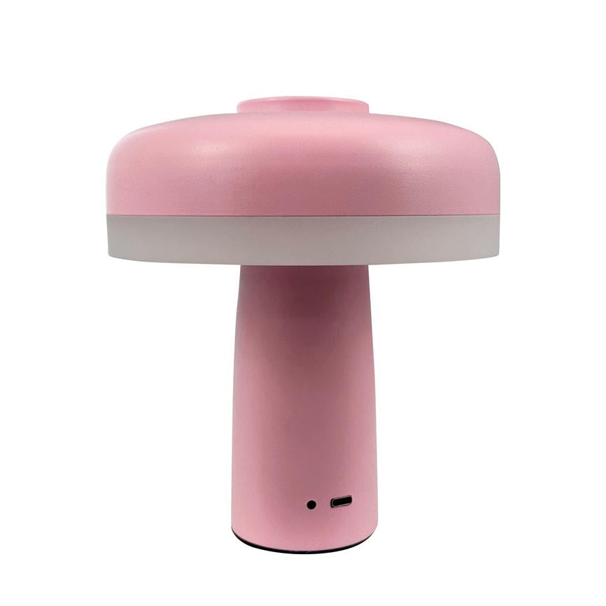 Lille rosa svampeformet bordlampe står oprejst; basen har USB‑C‑opladeport og indikator, placeret mod en neutral hvid baggrund.