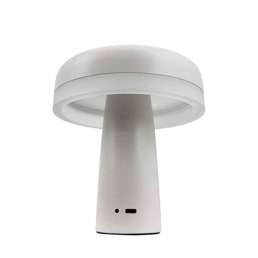 En svampeformet bordlampe står fremadrettet med rund skærm og slank fod; lampen viser en USB-C-port og en lille rund indikator mod en neutral hvid baggrund.
