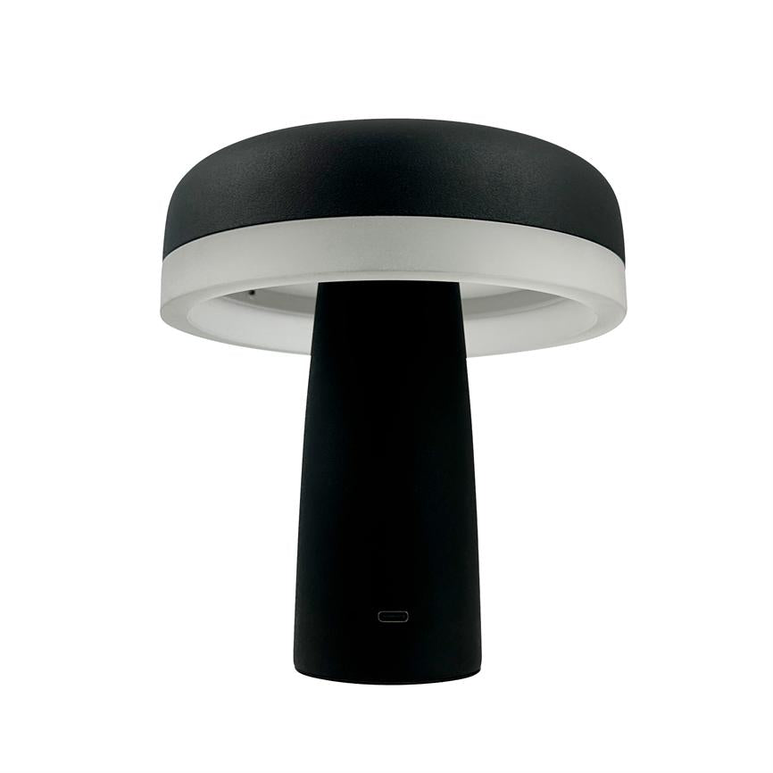 Sort bordlampe i svampedesign står oprejst; sort konisk fod og bred rund hvid ringformet skærm under mørk top, placeret mod ensartet hvid baggrund.