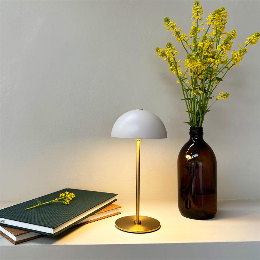 Bordlampe lyser blødt fra messingfod; står på hylde ved stablede notesbøger og en mørkbrun glasvase med høje gule blomster mod en neutral væg.