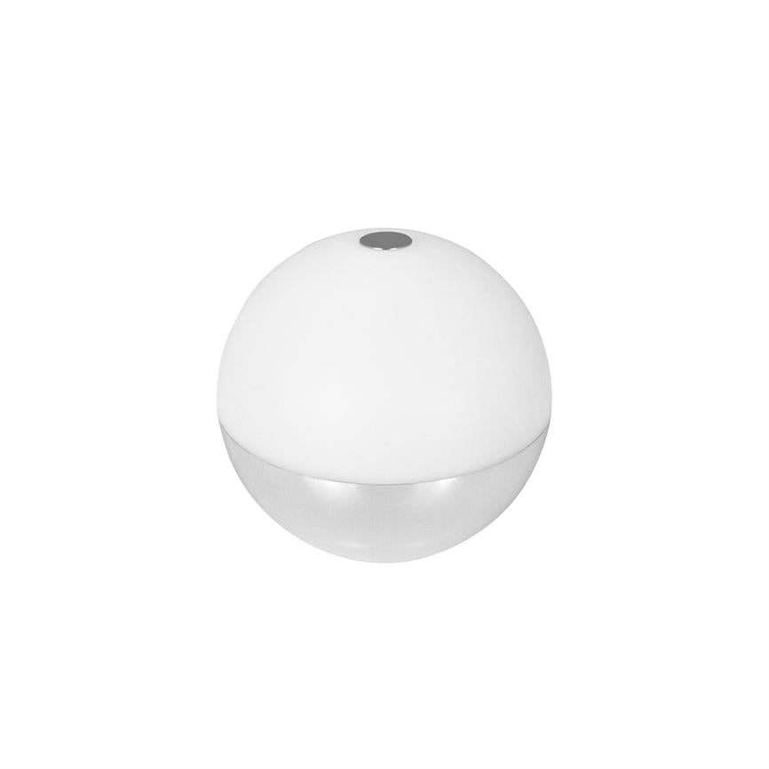 Sfærisk hvid enhed med mat øvre halvdel og gennemsigtig nedre halvdel, lille mørk åbning øverst; hviler centralt på en ensartet hvid baggrund.