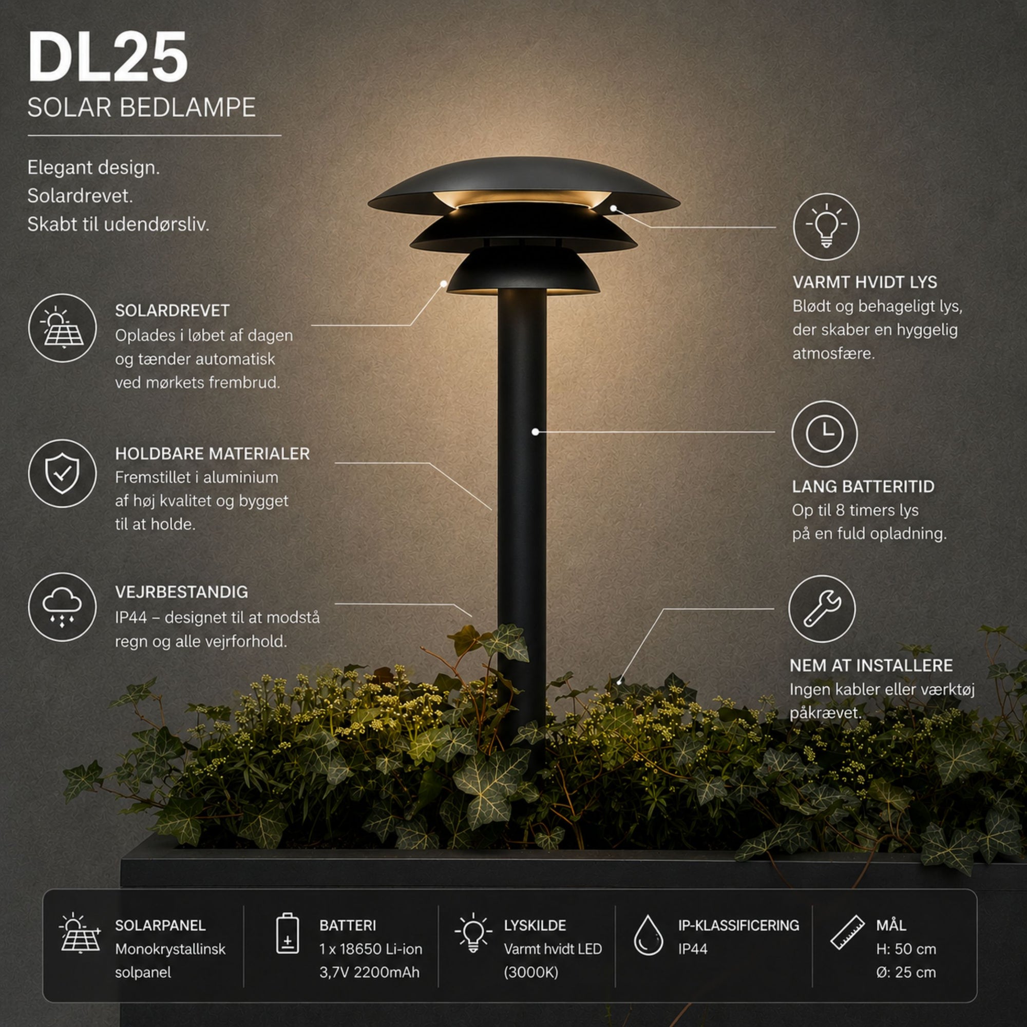 DL25 Solar Udendørs Bedlampe